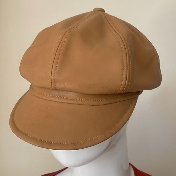 Urban Outfitters Faux Leather Baker Boy Cap Newsboy Hat in Tan - Picture 1 of 5